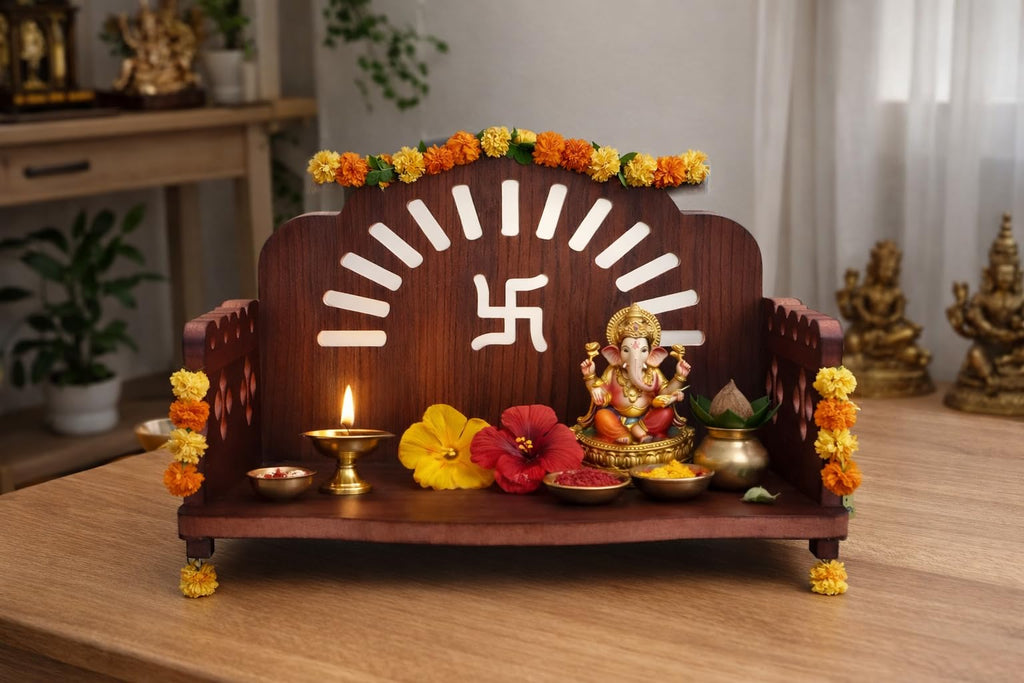 BerryBox Wooden Pooja Mandir for Home & Office - Mini Pooja Stand for Wall Hanging | Small Wood Temple for Desk & Shelf | Compact Devghar for Home Wall Mounted & Tabletop (8.5 x 6 x 5.5 Inch, Brown)
