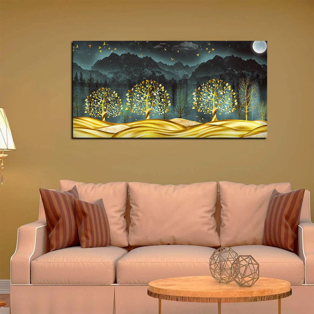 VIBECRAFTS Canvas Paintings for Living Room Drawing Room Wall Painting of Golden Trees in Dark Forest Fitted with Wooden Frame for Home|Office|Gift(PTVCH_2244N)