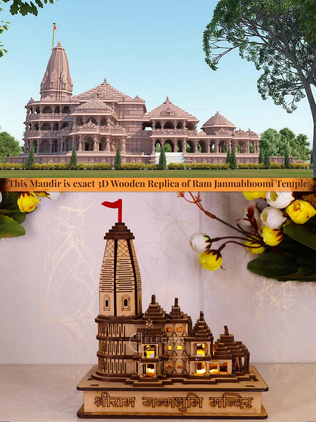 Ram Mandir Ayodhya Model - Perfect DESIGN for Devotees | Ram Mandir Wood - Diwali Decoration Items for Home Decore | Car Dashboard Accessories | Spiritual Gifts LED LIGHT(6*4 INCH) (Traditional)