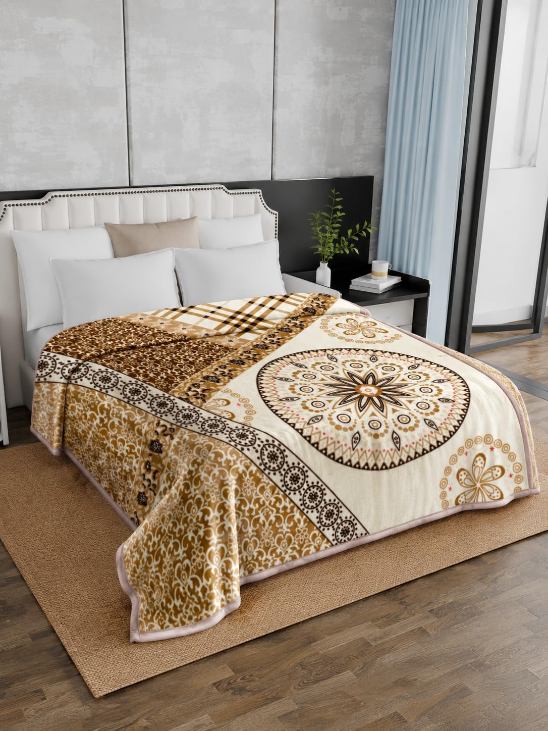 Signature All Season Double Bed Blanket | Super Soft Plush, Lightweight & Cozy | 220 x 240 cm | 2.5 kg | Multi-Color Vibrant Print | Ideal for Winter, AC Use & Gifting (Golden Mandala) Kafalo