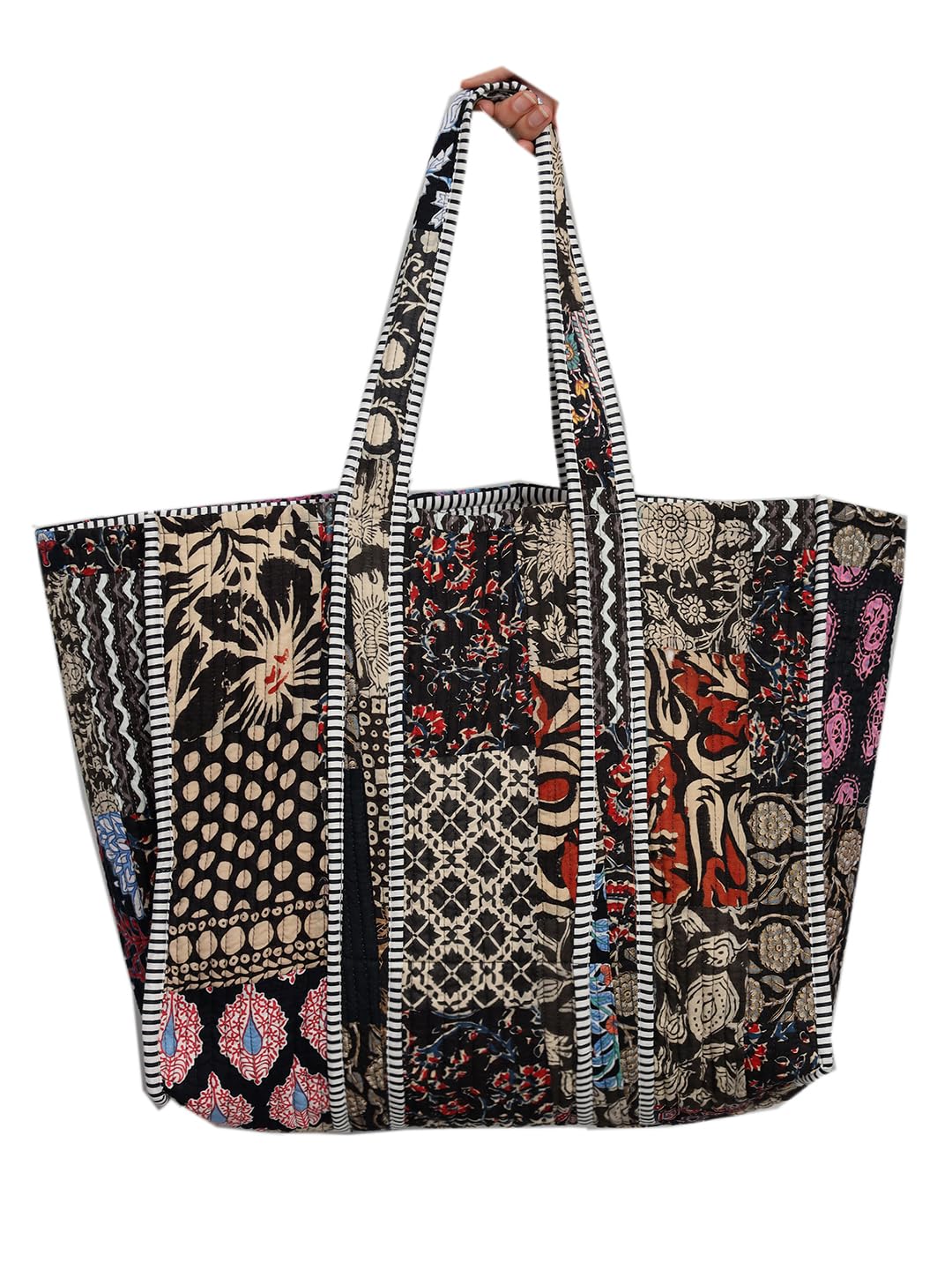 Ravaiyaa - Attitude is everything Patchwork Quilted Tote Bag Women Reversible Shoulder Bag Cotton Carry Bag Multipurpose Tote Bags (Black)
