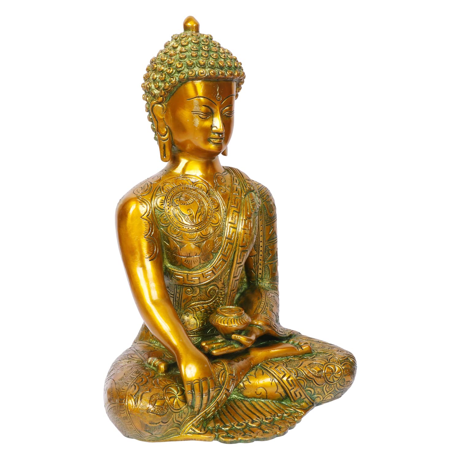 Svarup Brass Buddha Idol in Bhumisparsha Mudra Statue Tibetan Buddhist Décor Height 12 Inch Weight 6 Kg Color Golden Green