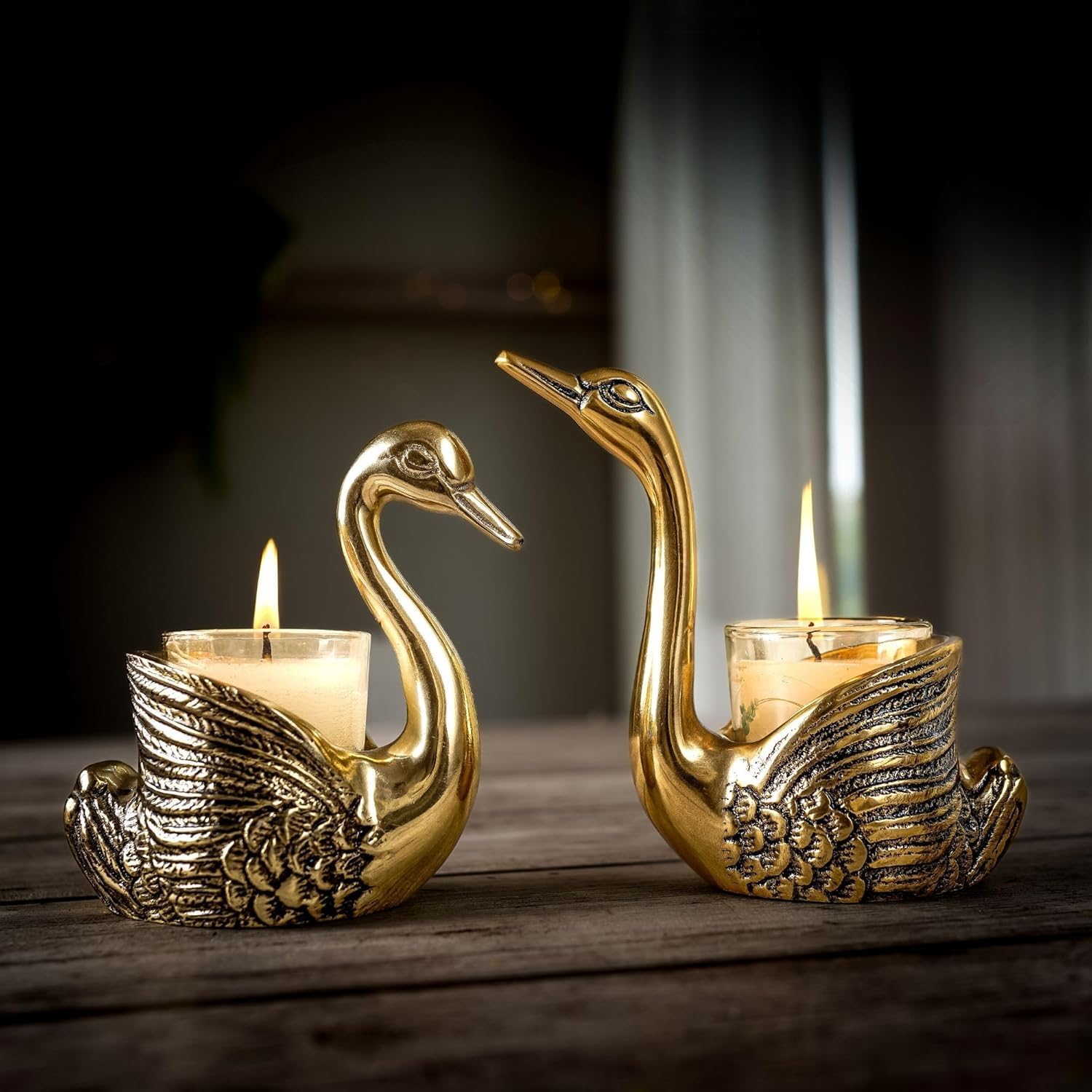 Storescent Aluminium Pair of Swans for Good Luck | Feng Shui Love Gifts Candle Holder for Home Decor Living Room - Showpiece Gifts for Couple (Candles not Included) (Swan 1 Pair Golden)