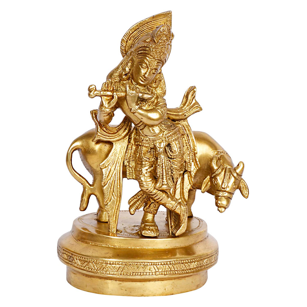 ARTVARKO Brass Lord Krishna God Murti Statue of Love Flute Playing with Cow and Peacock Home Décor Living Pooja Room Mandir Temple (LxBxH 5x4x7 Inch)