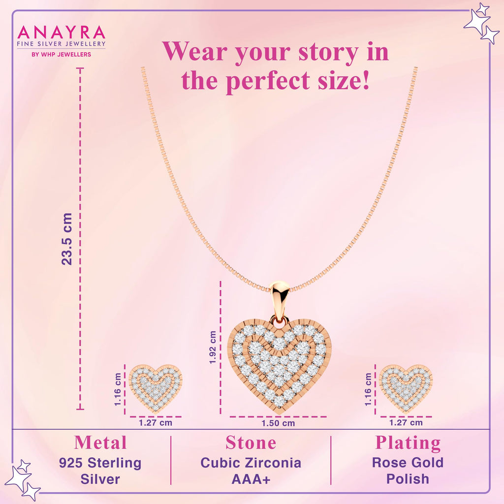 925 Sterling Silver Rose Gold Plated Pendant Set for Women | Heart Design Necklace with Matching Earrings | Fashion Jewellery Gift for Girls, Wife, Girlfriend, Anniversary, Birthday