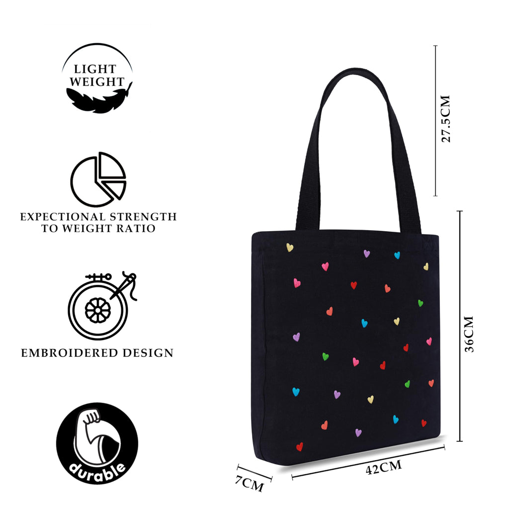 MASQ by Q-One Cute Genes Foldable Reusable Tote Bag for Women with Zip | College Bag for Girls | 100% Organic Canvas Tote for Shopping, Travel & Beach | (Heart Black)