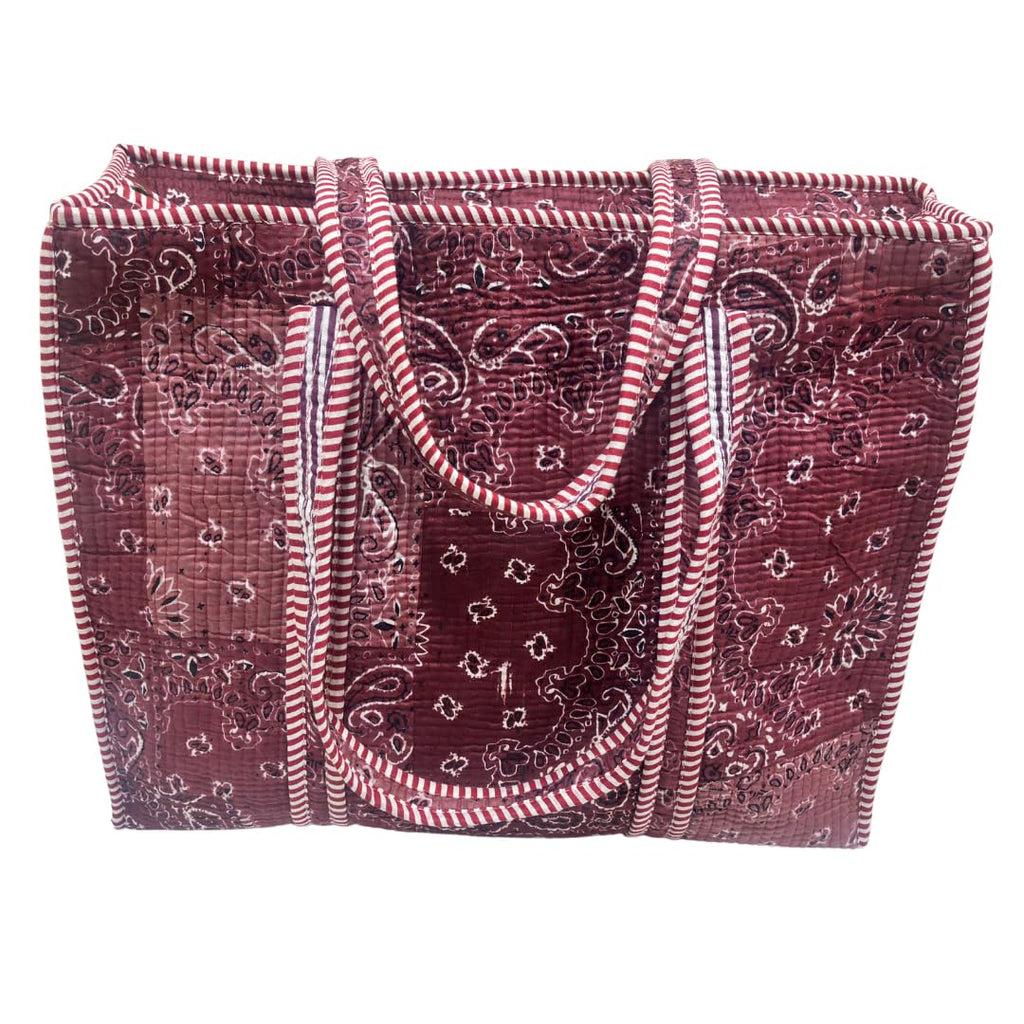 Bazaar Bhoot Edition Premium Cotton Quilted Shopping Tote Bag - Multipurpose Long Lasting Foldable Reusable Bag with zipper for Shopping, Travel & Daily Use - Made in India (Shaded Maroon)