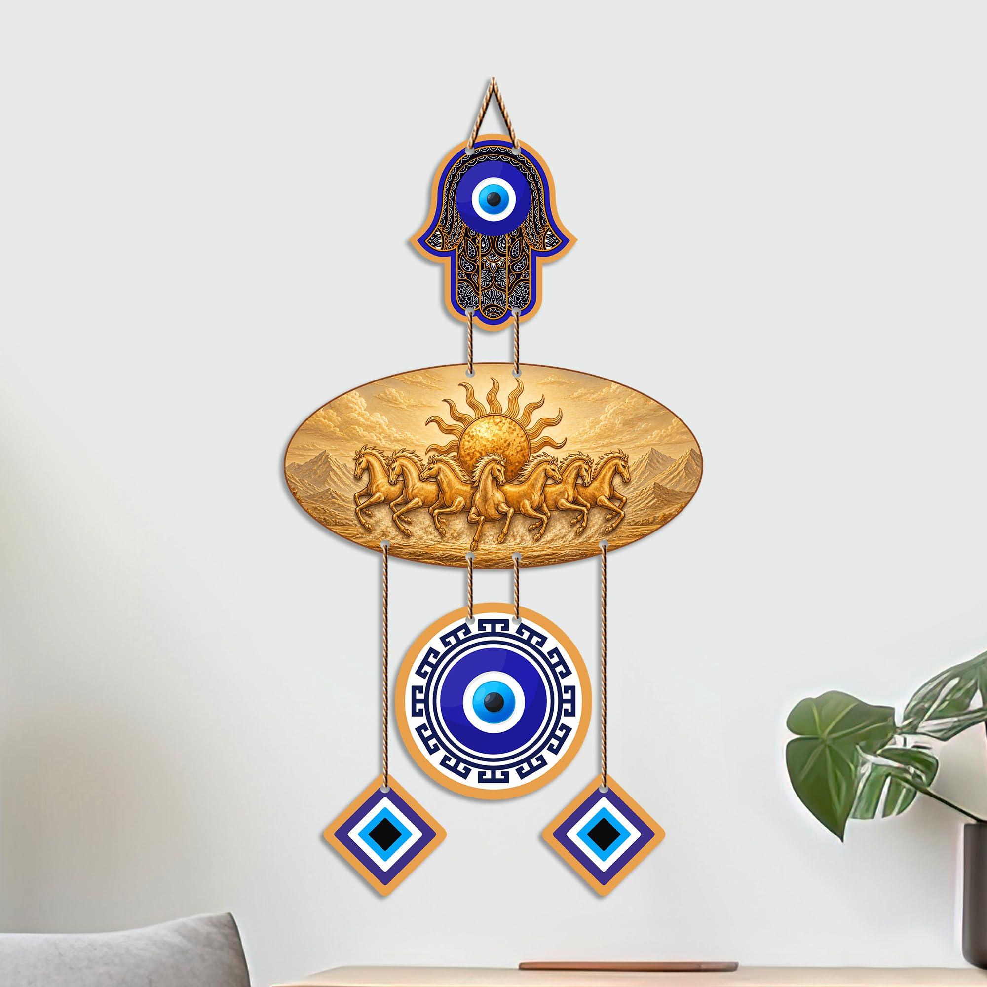 Artvibes Golden Seven Running Horses Evil Eye Wall Hanging for Home Decoration | Vastu Feng Shui Wealth Attraction Decor with Nazar Suraksha Protection for Living Room | Office | Gift Item (WH_85132N)