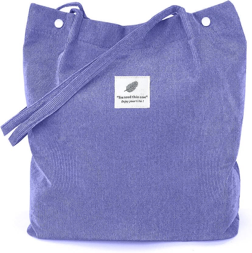Kawn Women Corduroy Canvas Tote Bag Shoulder Cord Purse Reusable Shopping Bag Grocery Bag Large Capacity Washable Handbag Girls Shoulder Bag With Inner Pocket For Daily Use (Purple)
