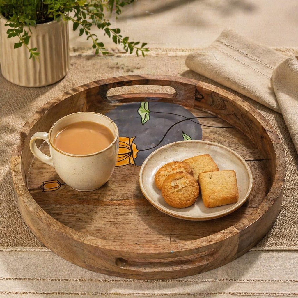 Artysta 'Floating Lotus' Handpainted Wooden Serving Tray for Breakfast | Round Multipurpose Tray with Handles | Decorative Wooden Tray for Kitchen, Fancy Tea Tray for Serving (12 Inch)