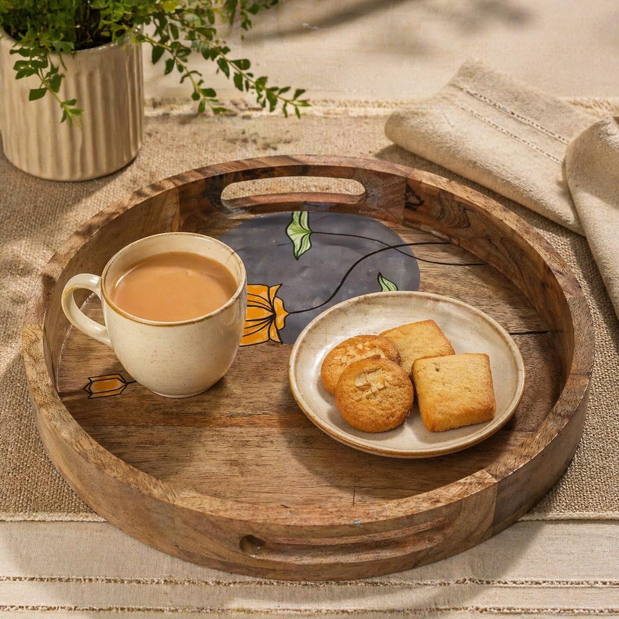 Artysta 'Floating Lotus' Handpainted Wooden Serving Tray for Breakfast | Round Multipurpose Tray with Handles | Decorative Wooden Tray for Kitchen, Fancy Tea Tray for Serving (12 Inch)