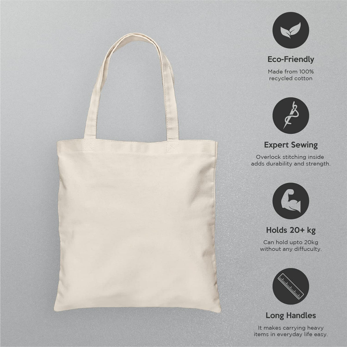 Wonder Shades Cotton Plain Canvas Shopping Tote Bag with Extra Strong Long Handle, Washable, Reusable and Ecofriendly (Pack of 12)