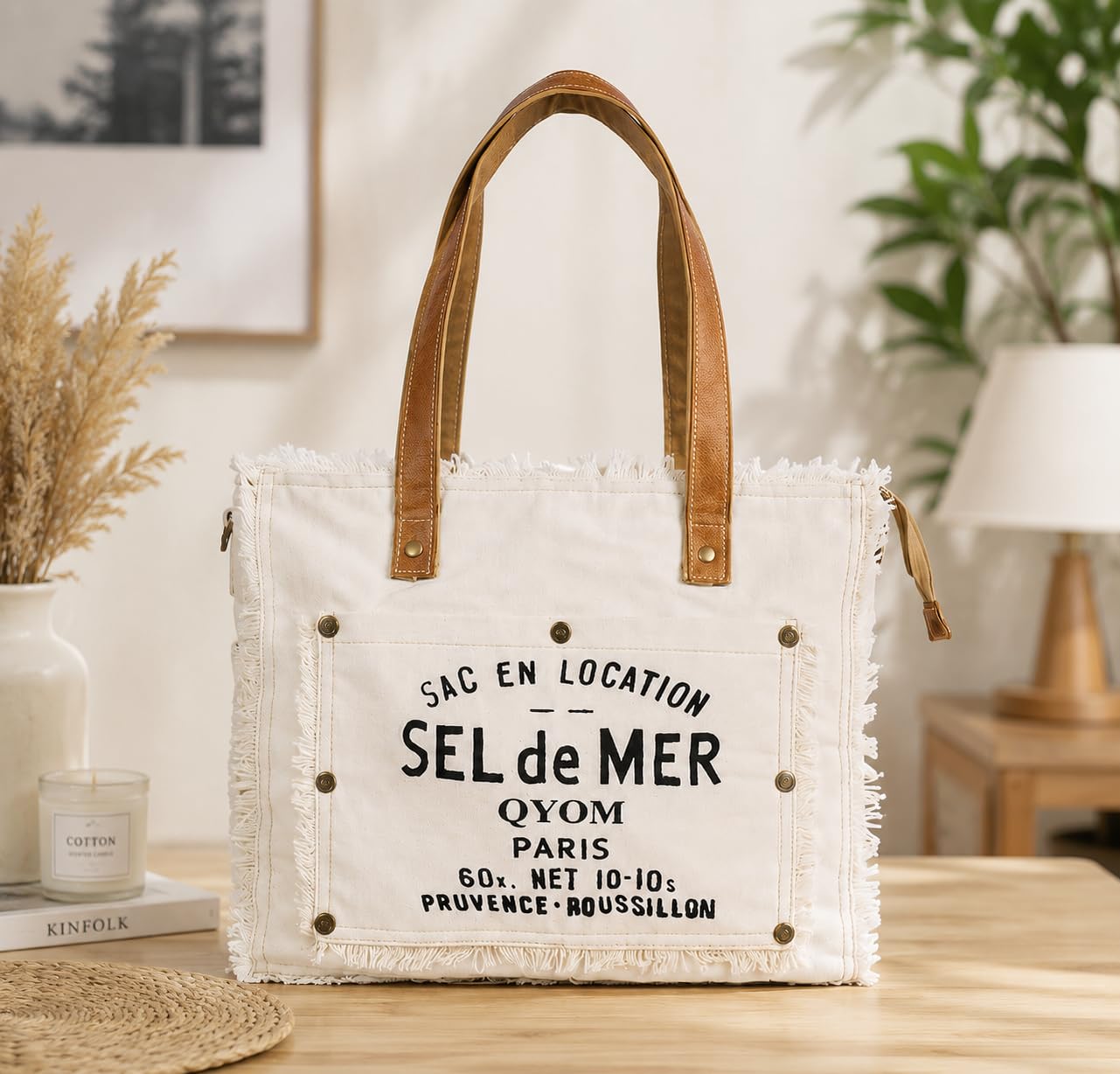 QYOM Premium Canvas Tote Bag for Women with Genuine Leather Handles | Cotton Lined Zip Closure | Large Laptop & Office Shoulder Bag | Reusable Shopping, Travel & College Handbag