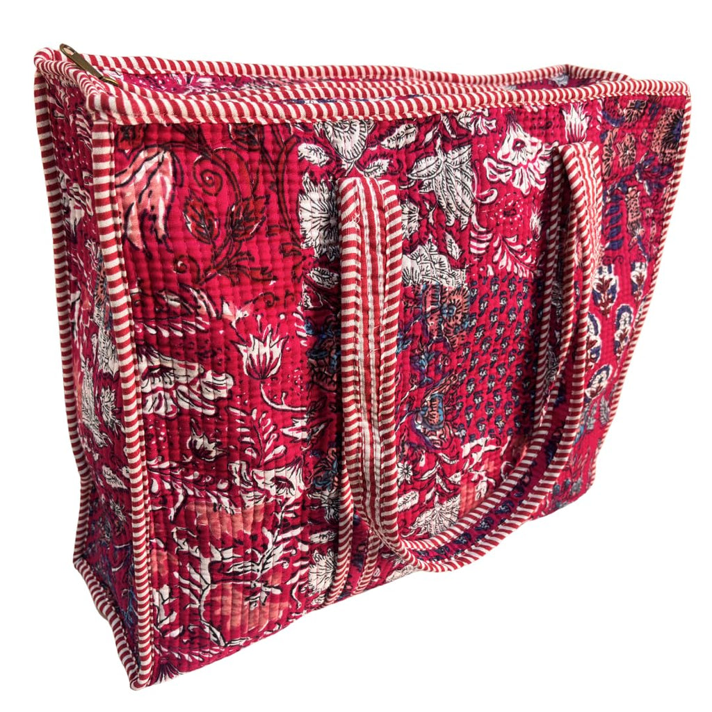 Bazaar Bhoot Edition Premium Cotton Quilted Shopping Tote Bag - Multipurpose Long Lasting Foldable Reusable Bag with zipper for Shopping, Travel & Daily Use - Made in India (Deep Pink)