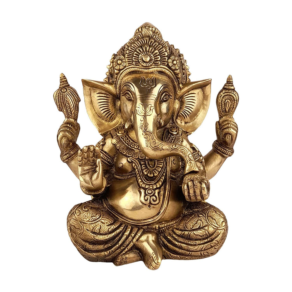 ARTVARKO Brass Ganesha Bhagwan Idol Taj Ganesh Statue Ganpati Murti for Temple Puja Home Entrance Decor Luck Gift Height 9 Inch
