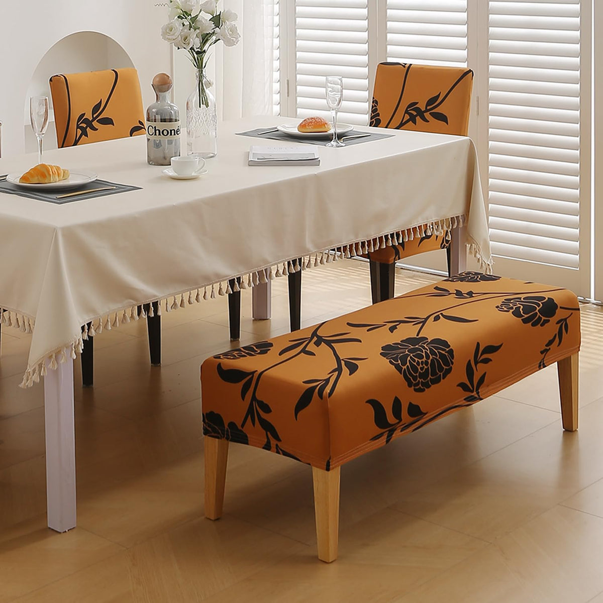 HOKIPO 'Elira Series' Polyester Blend Printed Dining Bench Cover Stretchable Slipcover, Copper Brown Floral (AR-4948-C8)