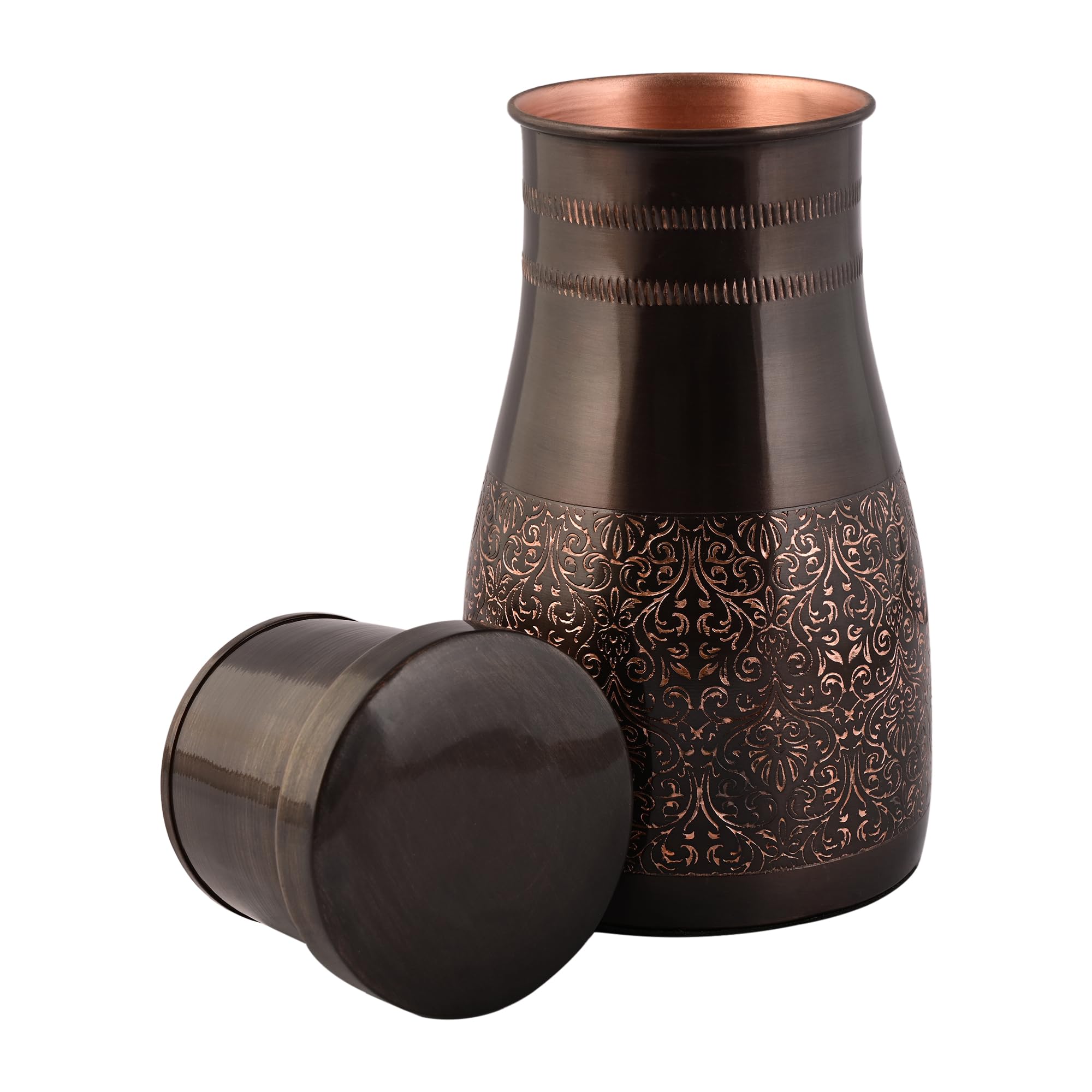 Tambra Copper Bedroom Jar with Inbuilt Glass | Rarity Carving Design | Handcrafted, Leakproof, Jointless | Ayurvedic Benefits, Antioxidant Properties | 1200 ml (Pack of 1)