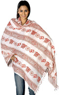 Exotic India Women's Om Prayer Pure Cotton Shawl (AR36_Ivory And Red_6.7 ft x 3.4 ft)
