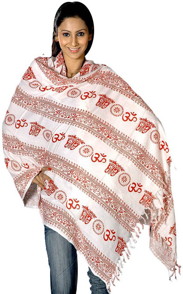 Exotic India Women's Om Prayer Pure Cotton Shawl (AR36_Ivory And Red_6.7 ft x 3.4 ft)