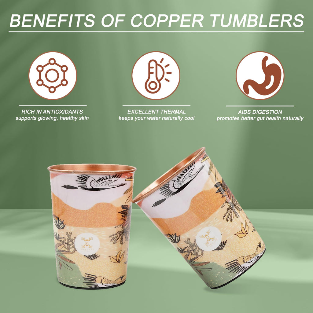 MERCAPE® 100% Pure Copper Glasses Set of 2 | Designer Meena Print | 300ml Each | Ayurvedic Benefits | Handmade Copper Tumblers for Daily Use & Gifting (Multiple Designs) (Japanese Crane Design)