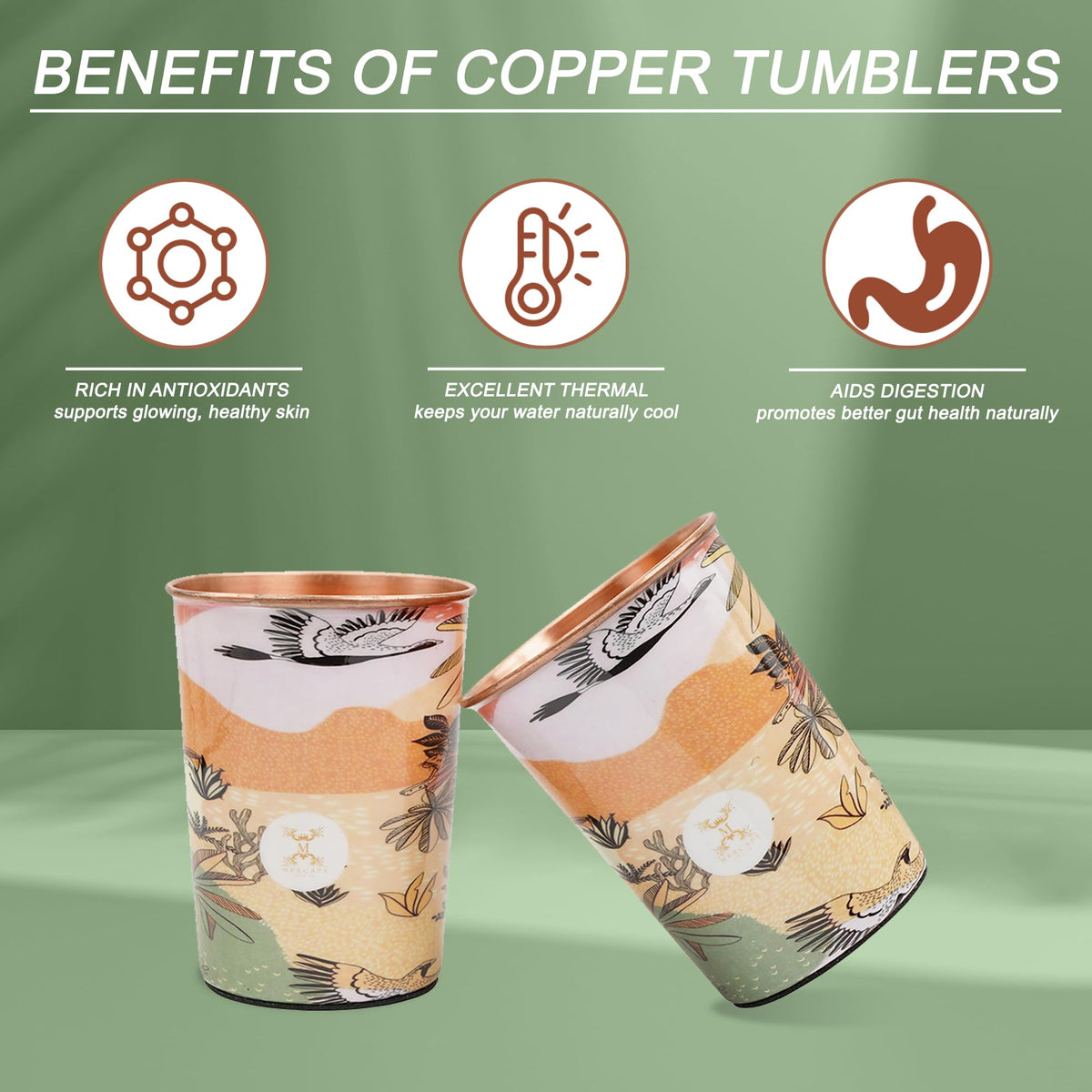MERCAPE® 100% Pure Copper Glasses Set of 2 | Designer Meena Print | 300ml Each | Ayurvedic Benefits | Handmade Copper Tumblers for Daily Use & Gifting (Multiple Designs) (Japanese Crane Design)