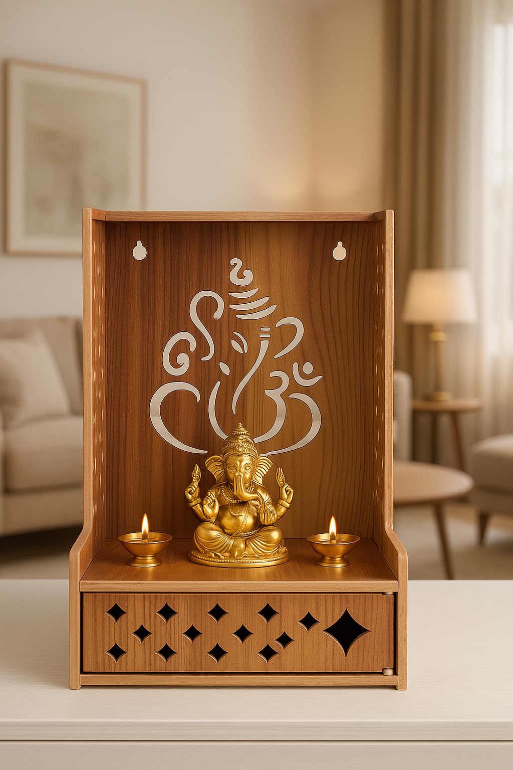 EXPRO Wooden Wall Mounted Pooja Mandir for Home & Office, Wooden Temple for Home Decor Hanging Pooja Stand for Idols | Height: 5 | DIY (Do-It-Yourself) (Height 5 | Ganesh Ji Design-2)
