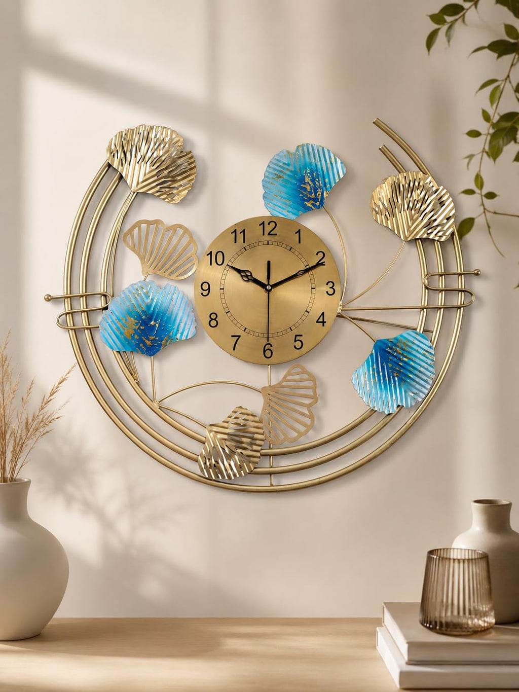 Mahira Artefacts Luxury Metal Wall Clock with Ginkgo Leaf 3D Art, Gold and Blue, Designer Decorative for Living Room, Bedroom and Office