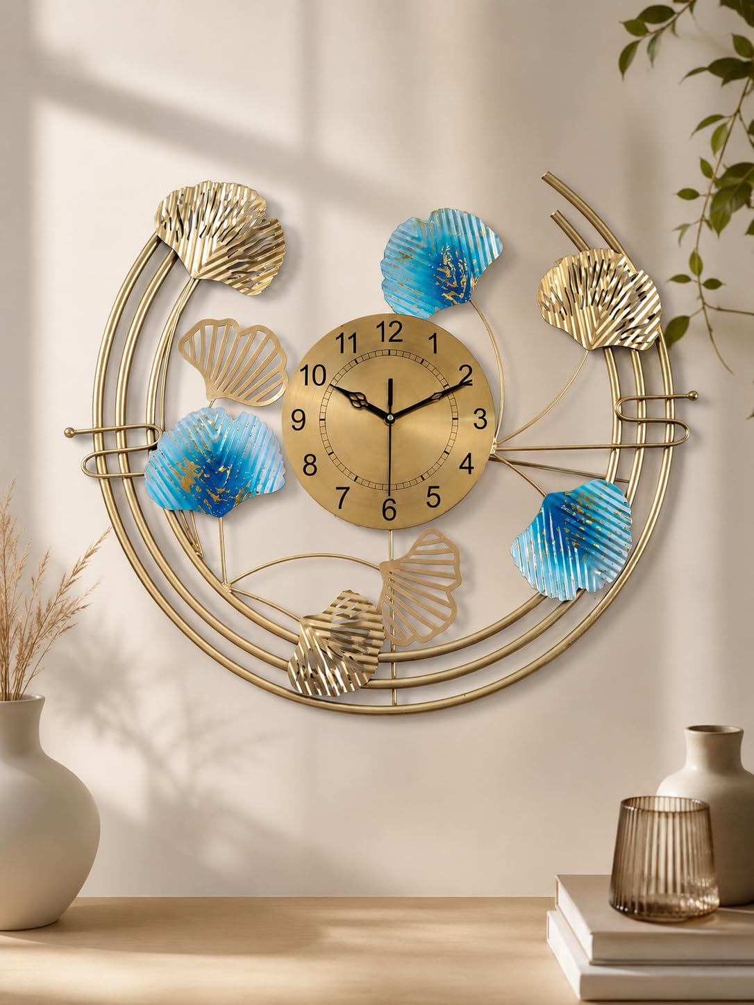 Mahira Artefacts Luxury Metal Wall Clock with Ginkgo Leaf 3D Art, Gold and Blue, Designer Decorative for Living Room, Bedroom and Office
