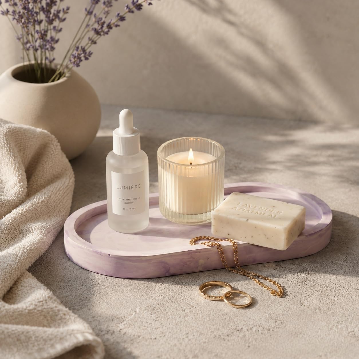 Jesmonite Oval Vanity Tray for Bathroom & Kitchen Sink | Decorative Floral Coaster Tray for Soap Dispenser, Candles, Jewelry & Accessories | Minimal Home Decor Organizer (Lilac Dream)