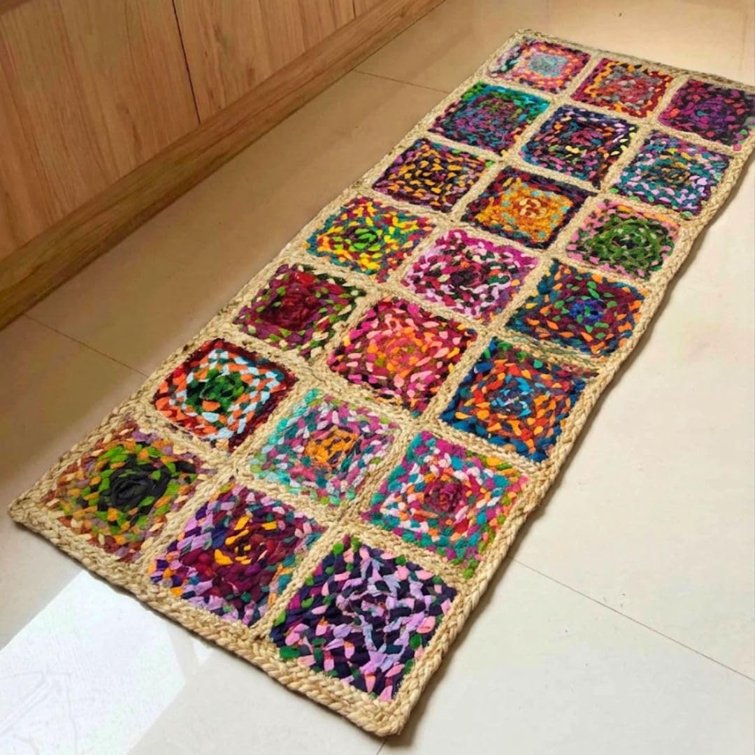 ATRANGI STUDIO Checker Weave Jute Rug | Handwoven Braided Design Mat | Rectangular Floor Rug for Living Room, Bedroom, Reading Corner | Boho Home Decor | 20x55 inch, Multicolour