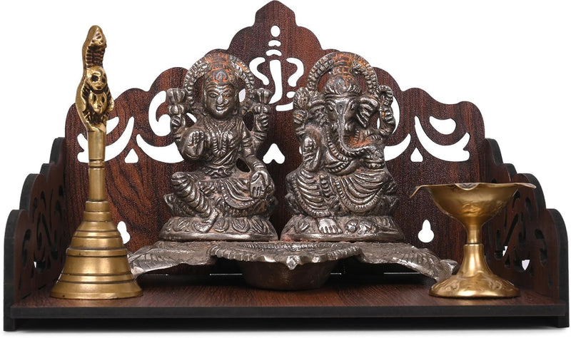 FLYUP Wooden Mandir for Home Pooja | Wall & Tabletop Temple with Ganesh Ornamental Cutout | Solid Wood Finish Home Temple with Storage Shelf (Ganesh Ornamental)