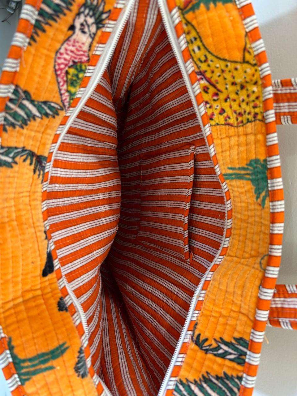 Vaishnav Exports Orange Quilted Cotton Tote Bag for Women | Handcrafted Jungle Safari Print Shoulder Bag | Eco-Friendly, Reusable Grocery, Travel & Beach Carryall with Spacious Design