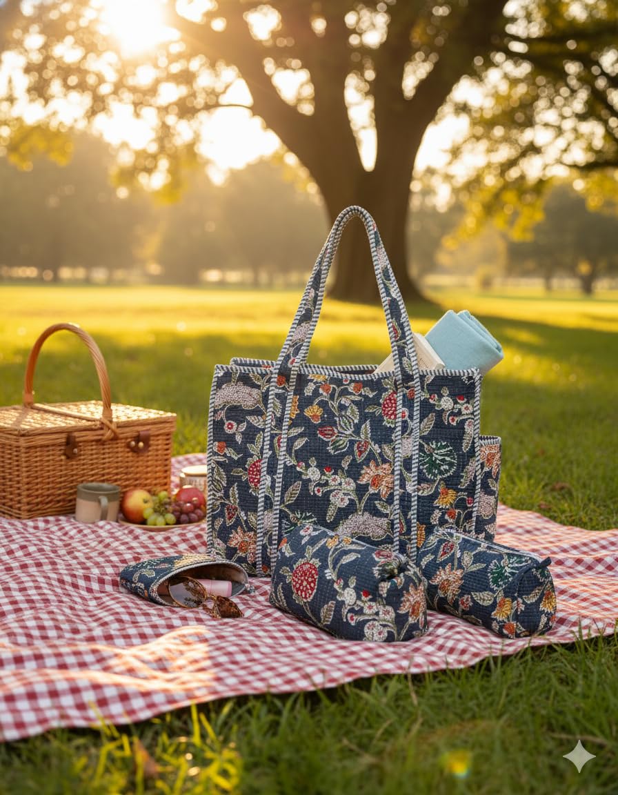 NIKAVIK 1 Tote Bags and 3 Pouch Quilted fabric Handblock Printed Tote Bag(with zip) and bottle compartment with Matching Pouches (Blue Multi)