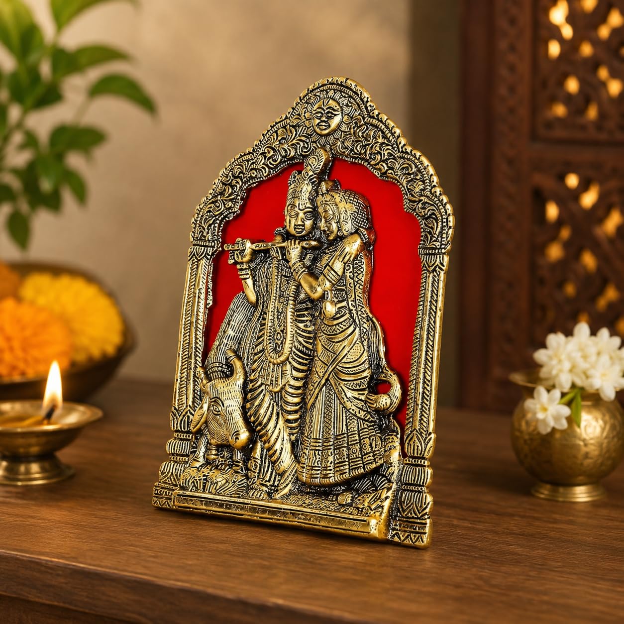 KridayKraft Radha Krishna with Cow on Thin Metal Frame with an antique finish so looks very beautiful and use for Table&Wall Hanging Decorative home&office,Gift Anniversaries,Birthday,New Year Gifts..