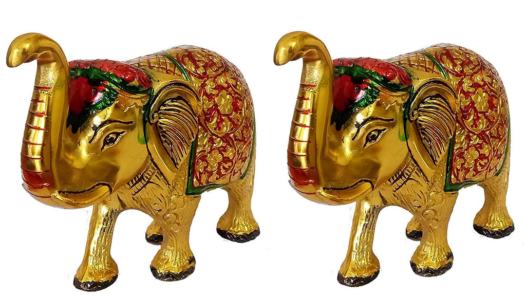 Prince Home Decor & Gifts Multi Coloured Metal Elephant Pair for Showpiece- Enhance Your Home As Well As Office Décor- Beautifully Hand Crafted & Hand Carved Item (Standard)