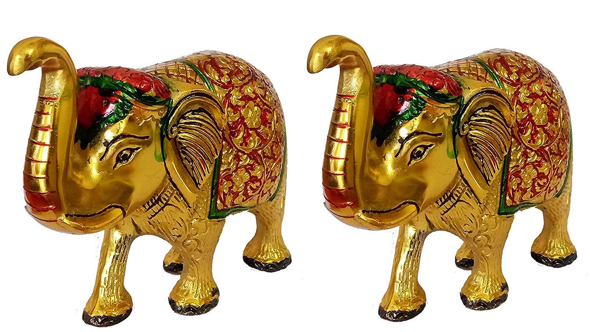 Prince Home Decor & Gifts Multi Coloured Metal Elephant Pair for Showpiece- Enhance Your Home As Well As Office Décor- Beautifully Hand Crafted & Hand Carved Item (Large)