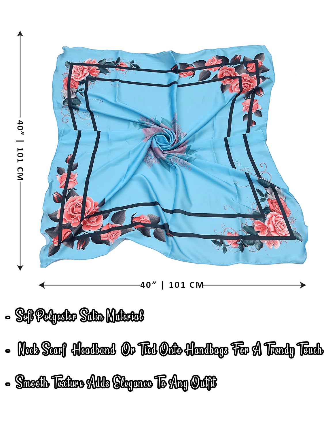 leeza store Women's Silk Scarf For Women, Sky Blue Floral Border Digital Printed, 40X40, Elegant Soft Stole & Head Wrap