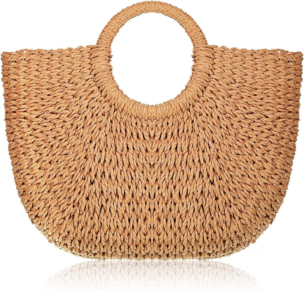 MAIRO LIFESTYLE Straw Wicker Handmade Boho Summer Beach Round Tote Moon Bag (Brown Large)