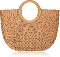 MAIRO LIFESTYLE Straw Wicker Handmade Boho Summer Beach Round Tote Moon Bag (Brown Large)
