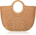 MAIRO LIFESTYLE Straw Wicker Handmade Boho Summer Beach Round Tote Moon Bag (Brown Large)