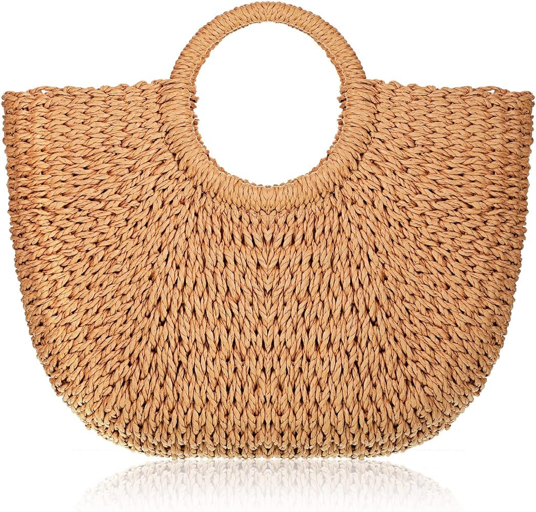 MAIRO LIFESTYLE Straw Wicker Handmade Boho Summer Beach Round Tote Moon Bag (Brown Large)