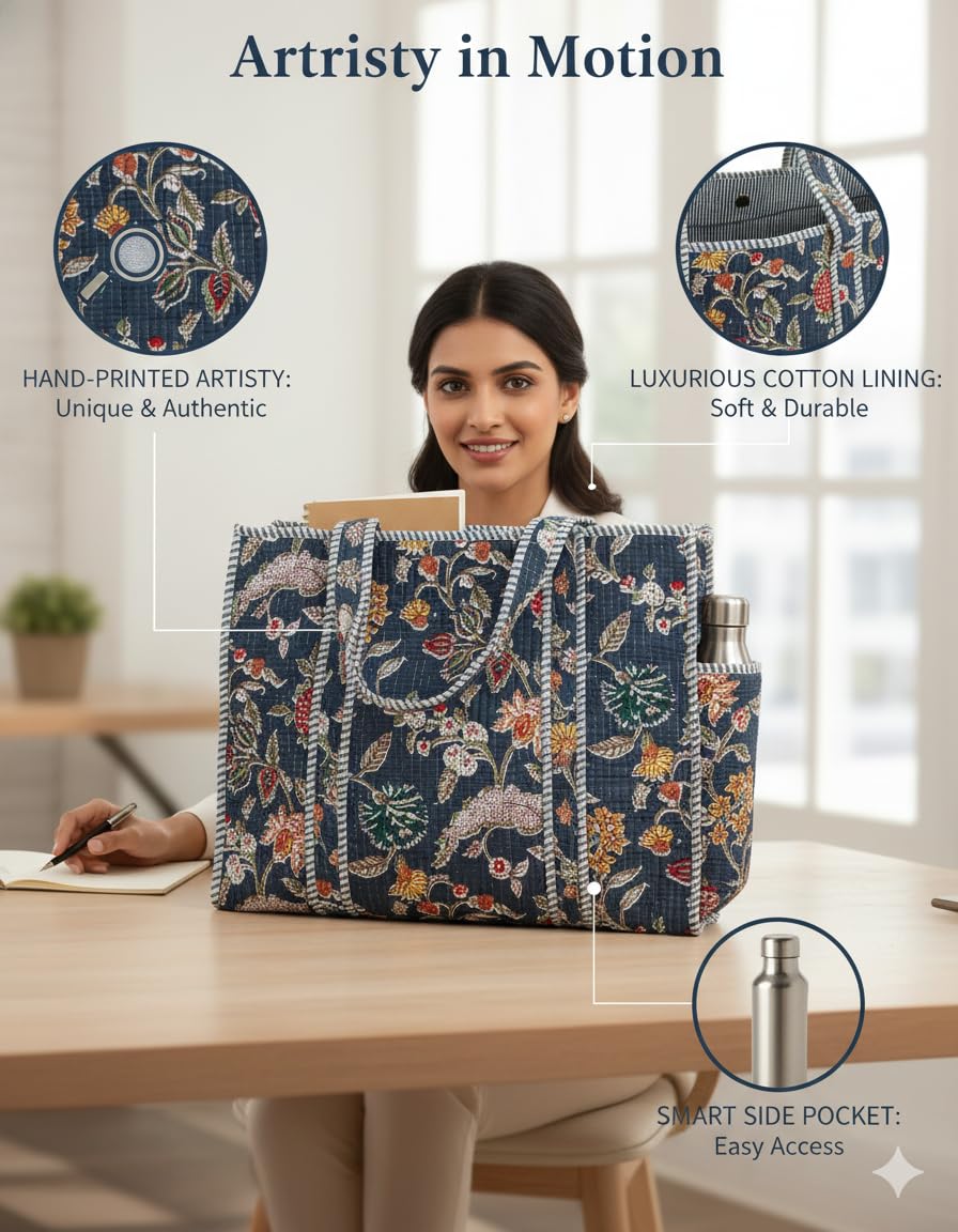 NIKAVIK Quilted Cotton Tote bag – Exotic Animal Print Foldable and Ideal for Travel Shopping Beach Trips or Daily Essentials (Blue Multi)