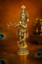 ARTSARA Pure Brass Krishna Idol Big Size Playing Flute for Pooja, Mandir, Sculpture Gift & Home Decor Height 17 Inch