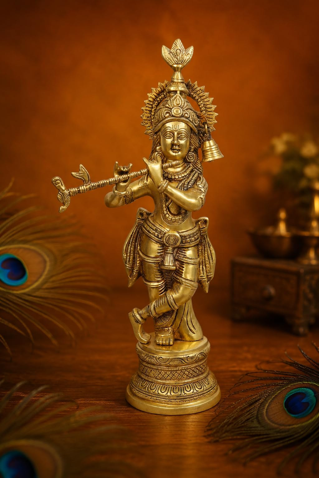 ARTSARA Pure Brass Krishna Idol Big Size Playing Flute for Pooja, Mandir, Sculpture Gift & Home Decor Height 17 Inch