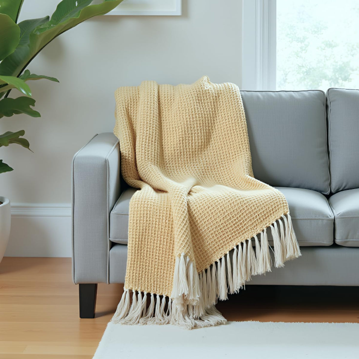 Tarantaran Home Hand-Knitted Cotton Sofa Throw | All-Season Throw Blanket for Sofa, Bed, Couch, Chair & Travel | 80×52 Inches (204×132 cm)(Yellow & Beige) Kafalo