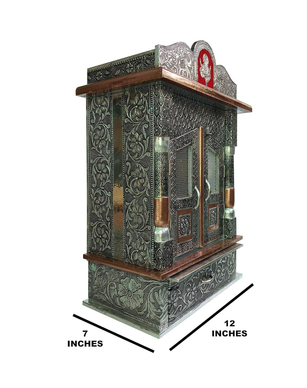 Suhanika Crafters Wood Aluminium and Copper Oxidized Home Temple (L-12, B-7 inches