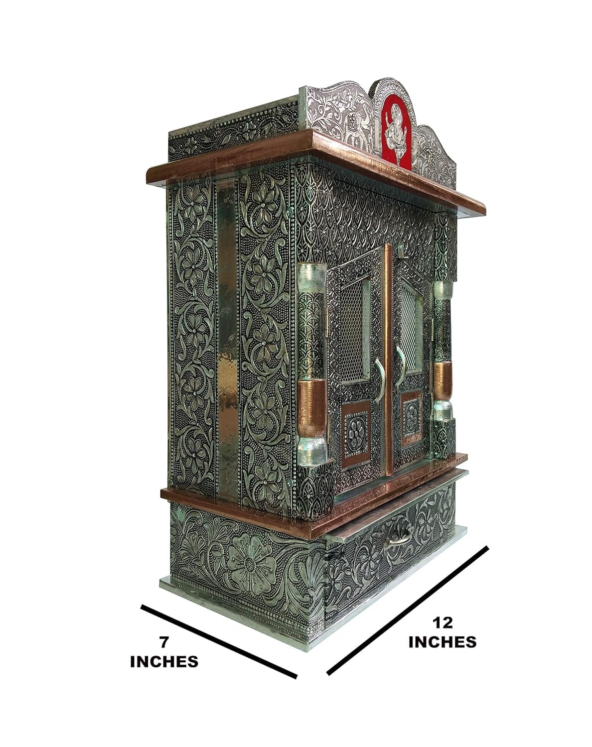 Suhanika Crafters Wood Aluminium and Copper Oxidized Home Temple (L-12, B-7 inches