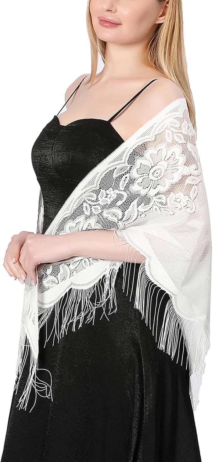 Alexvyan Floral Design Triangle Lace Stole and Wraps for Evening Dresses with Tassels for Evening Party Mesh Wedding Shawls for Summer (White)