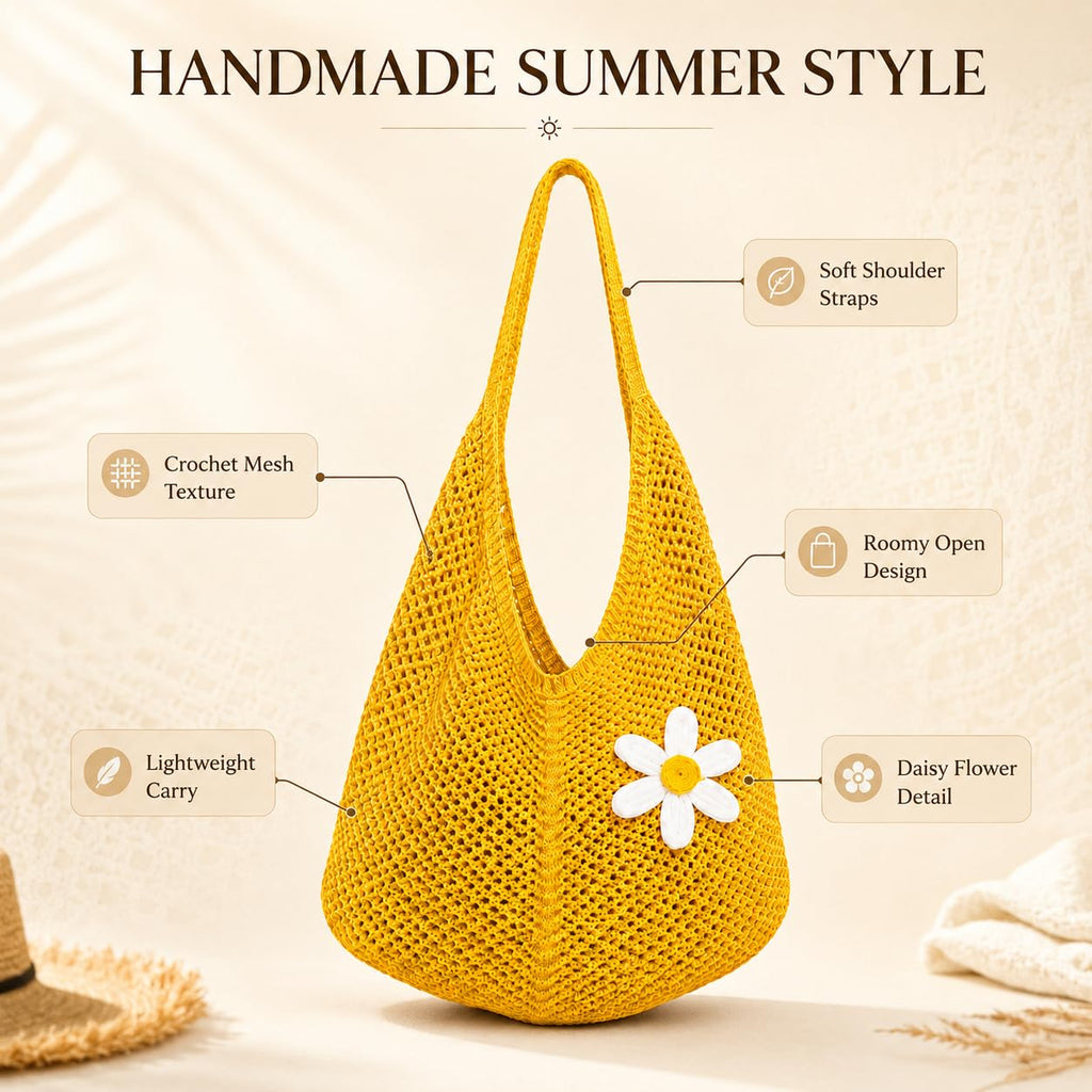 Kawn Crochet Mesh Beach Tote Bag for Women with Flower Brooch | Cotton Linen Knitted Shoulder Bag | Lightweight Boho Summer Handbag for Travel, Shopping & Vacation - (Yellow)
