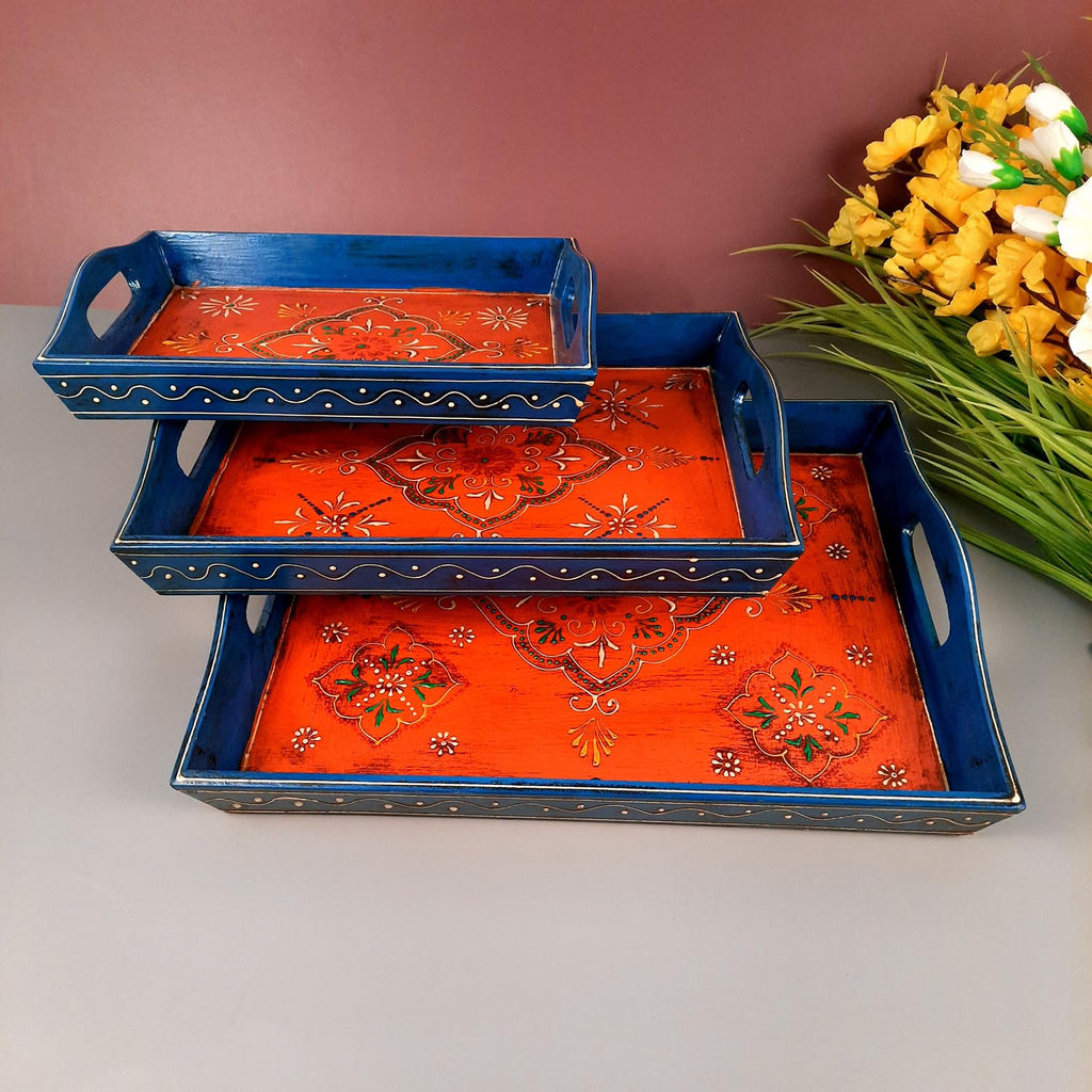 Apkamart The Online Shop Handicraft Serving Tray - Set of 3 - Hand Crafted Decorative Wooden Tray for Table Decor, Home Decor, Dining and Serving and Gifts